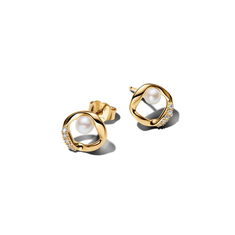 Pandora Essence Vergoldete Organisch Geformte Pavé Circle & Treated Freshwater Cultured Pearl Ohrstecker 264662C01