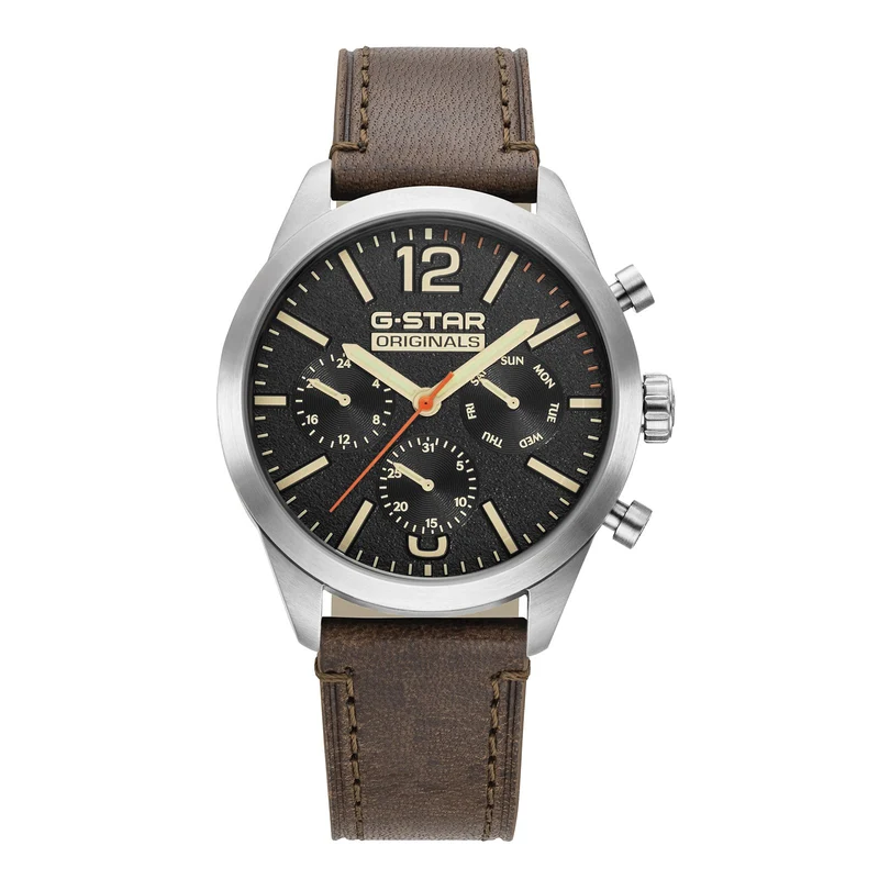 G-STAR Originals Silberfarbene Stahl-Herrenuhr mit braunem Lederarmband GSW.504.01
