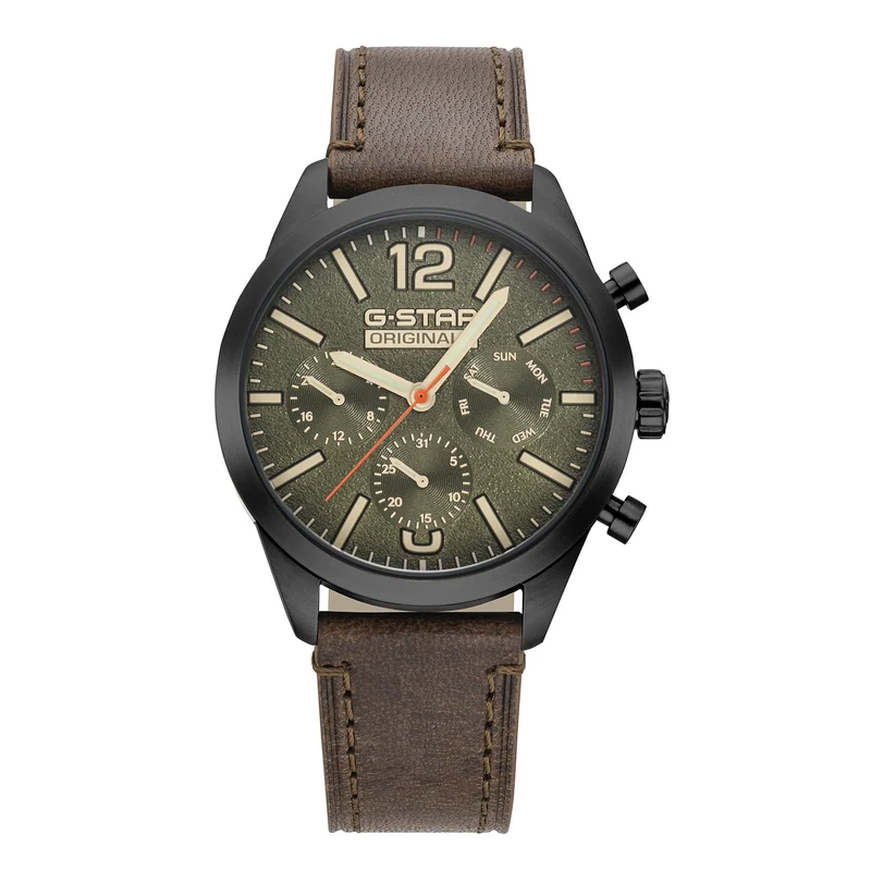 G-STAR Originals Schwarze Stahl-Herrenuhr mit braunem Lederarmband GSW.504.03