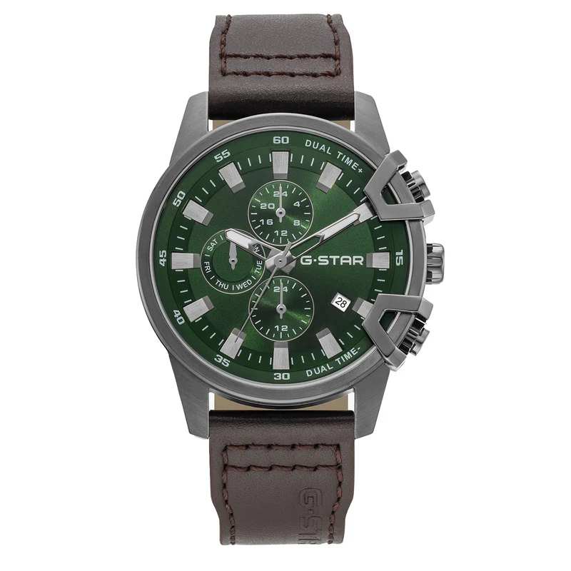 G-STAR Bend3D Grüne Herrenuhr mit braunem Lederarmband GSW.505.03