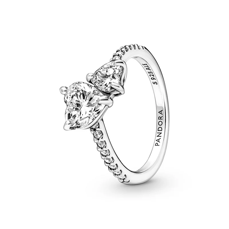 Pandora Timeless 925 Sterling Silver Double Heart Sparkling Ring 191198C01-52