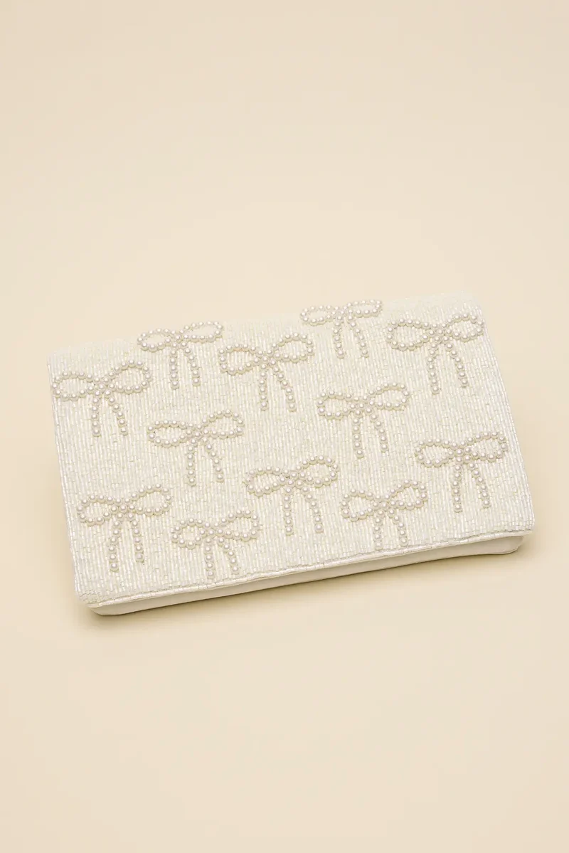 Pearl Beaded Bow Envelope Clutch