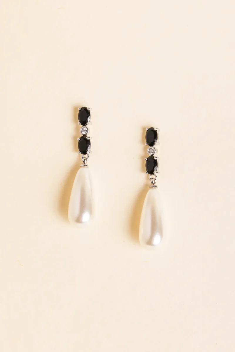 Pearl and Black Stone Drop Earrings