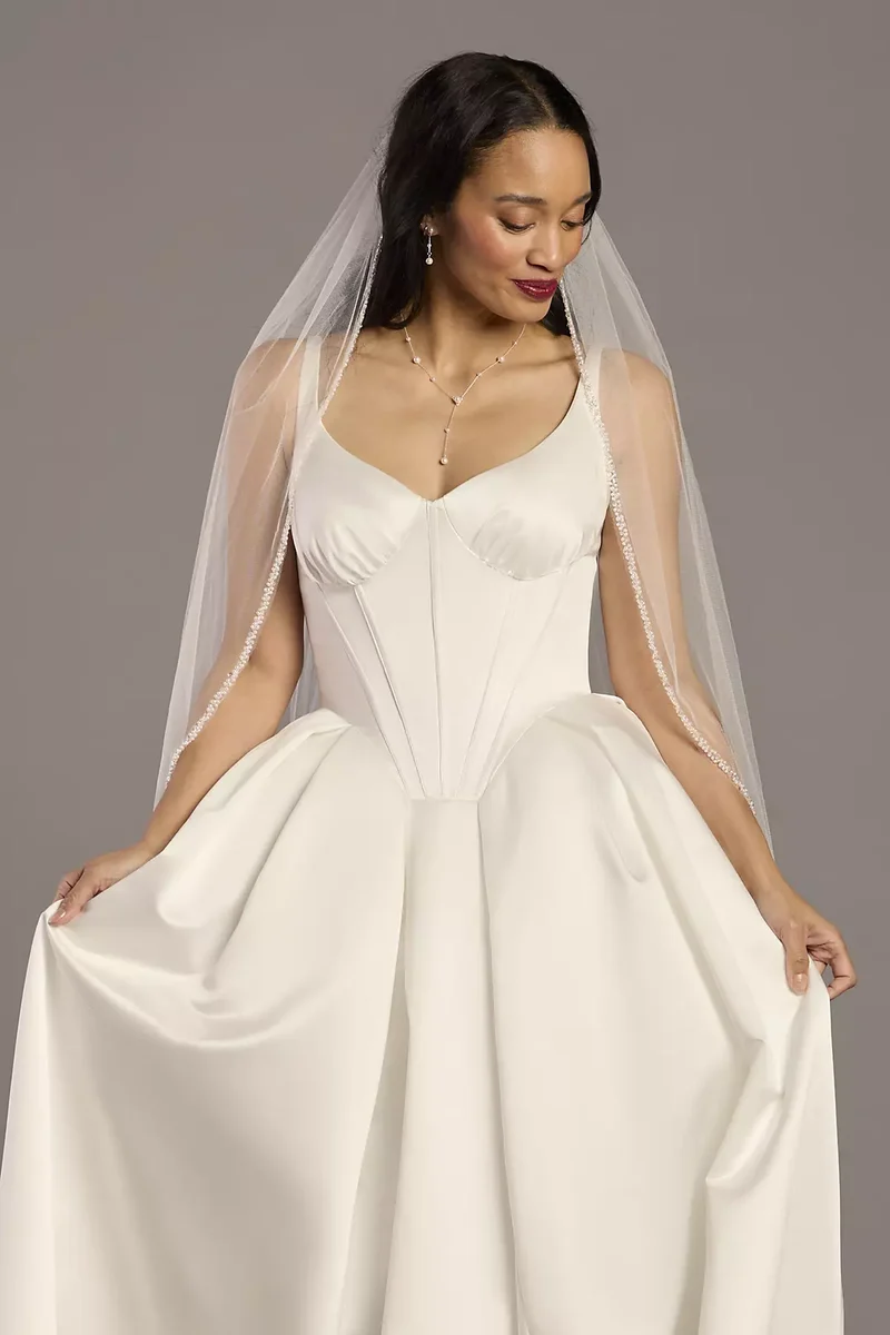 Sequin and Pearl Trimmed Tulle Mid-Length Veil