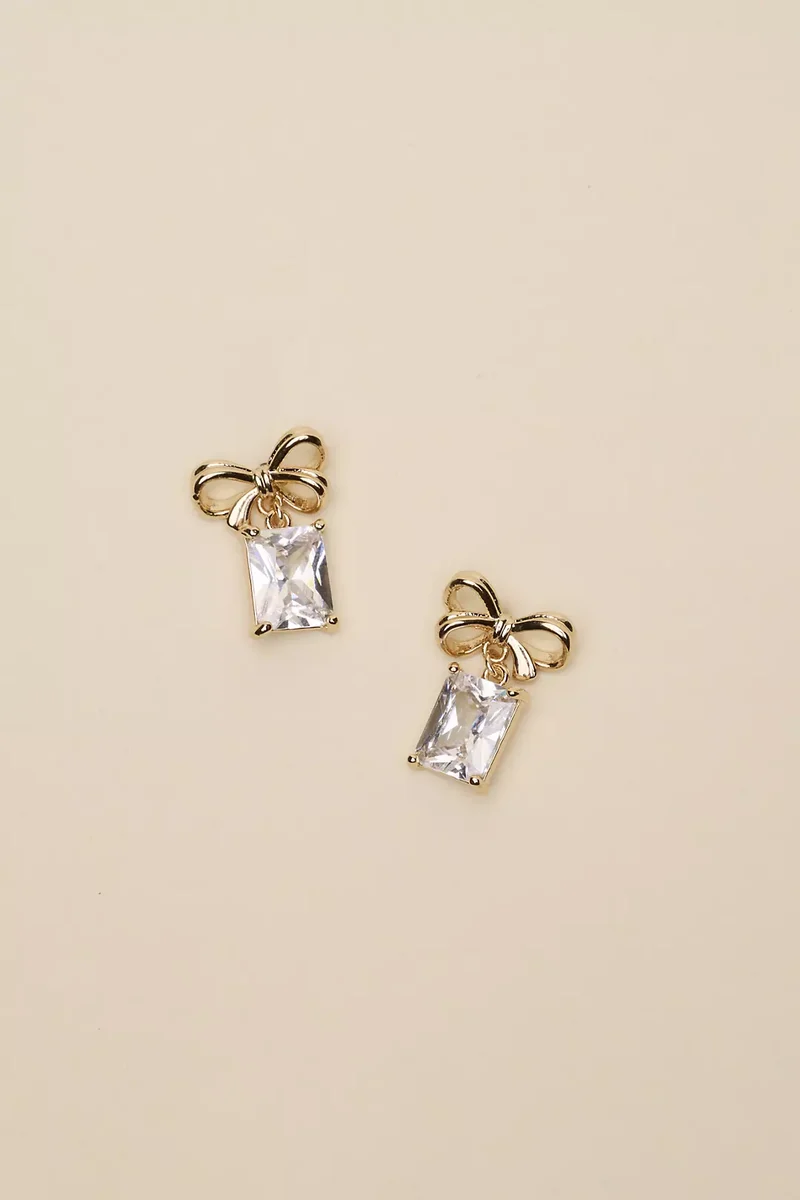 Bow Drop Earrings with Cushion-Cut Cubic Zirconia
