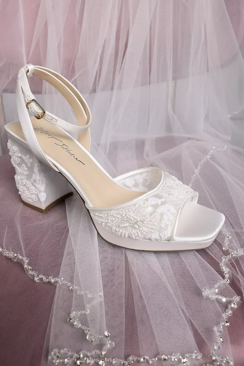 Floral Beaded Satin Block Heel Sandals